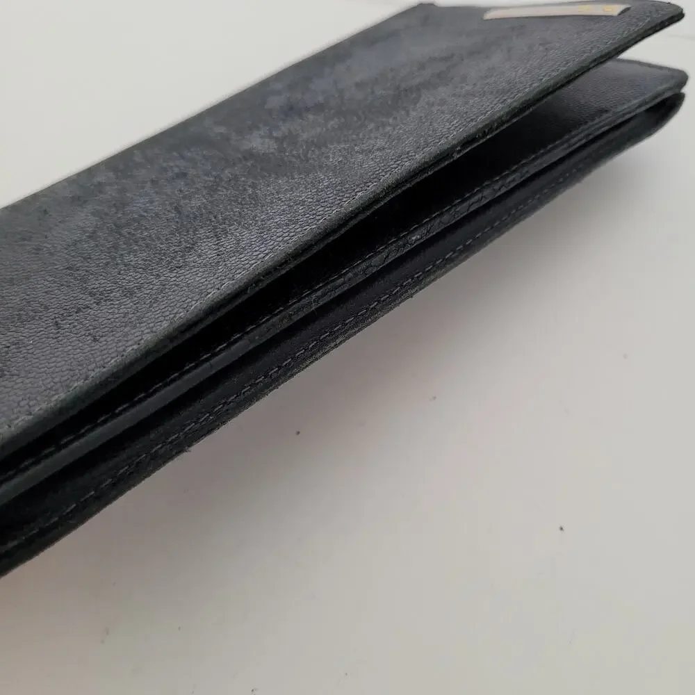 Cartier Santos Bifold Card Holder Checkbook Black Wallet Long Grain Leather
